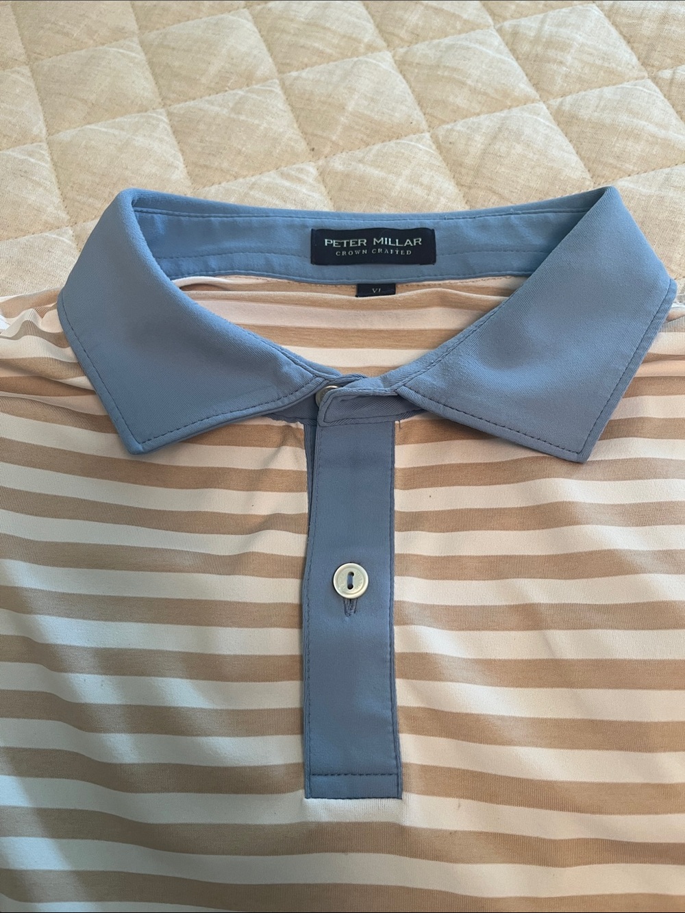Peter Millar Tan & Light Blue Sea Pines Atlantic Dunes Striped Polo